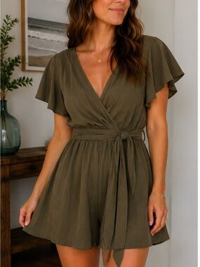 Olive Green Twist Front Romper, Flowy Boho Flutter Sleeve, Size Medium